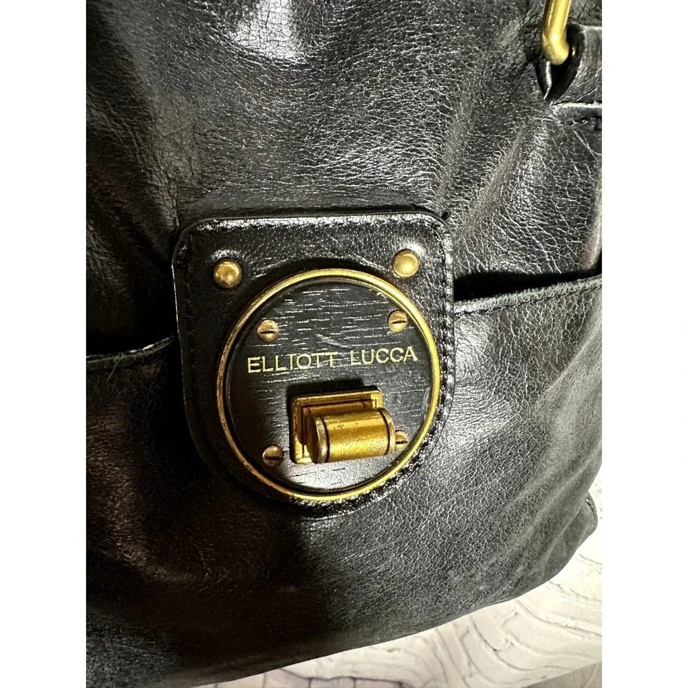 Elliott Lucca Black Leather Satchel Handbag Gold Hardware Turn Lock Pocket